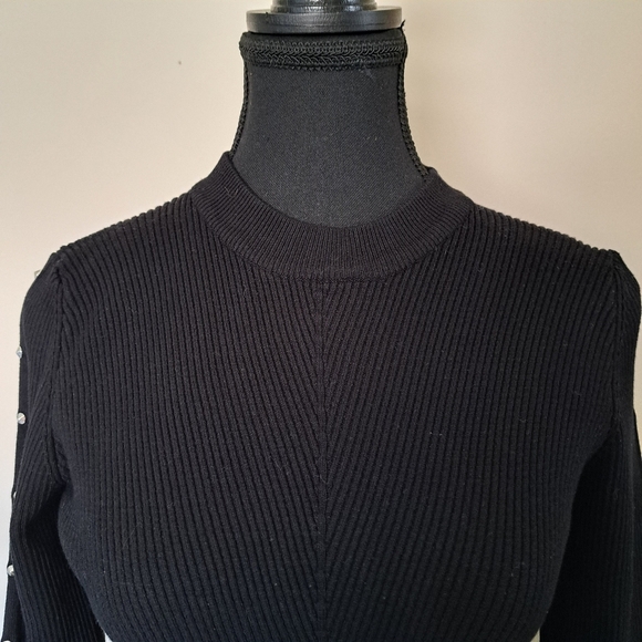 Zara Ribbed Knit Sweater Size Medium Black Crewneck Studded Chevron Pattern - Picture 3 of 12